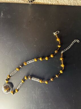 Tiger Eye Beaded Necklace with Silver Filigree Accents